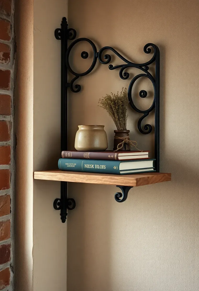 Ornate cast iron bracket shelf holding vintage pottery and dried botanicals against an aged plaster wall