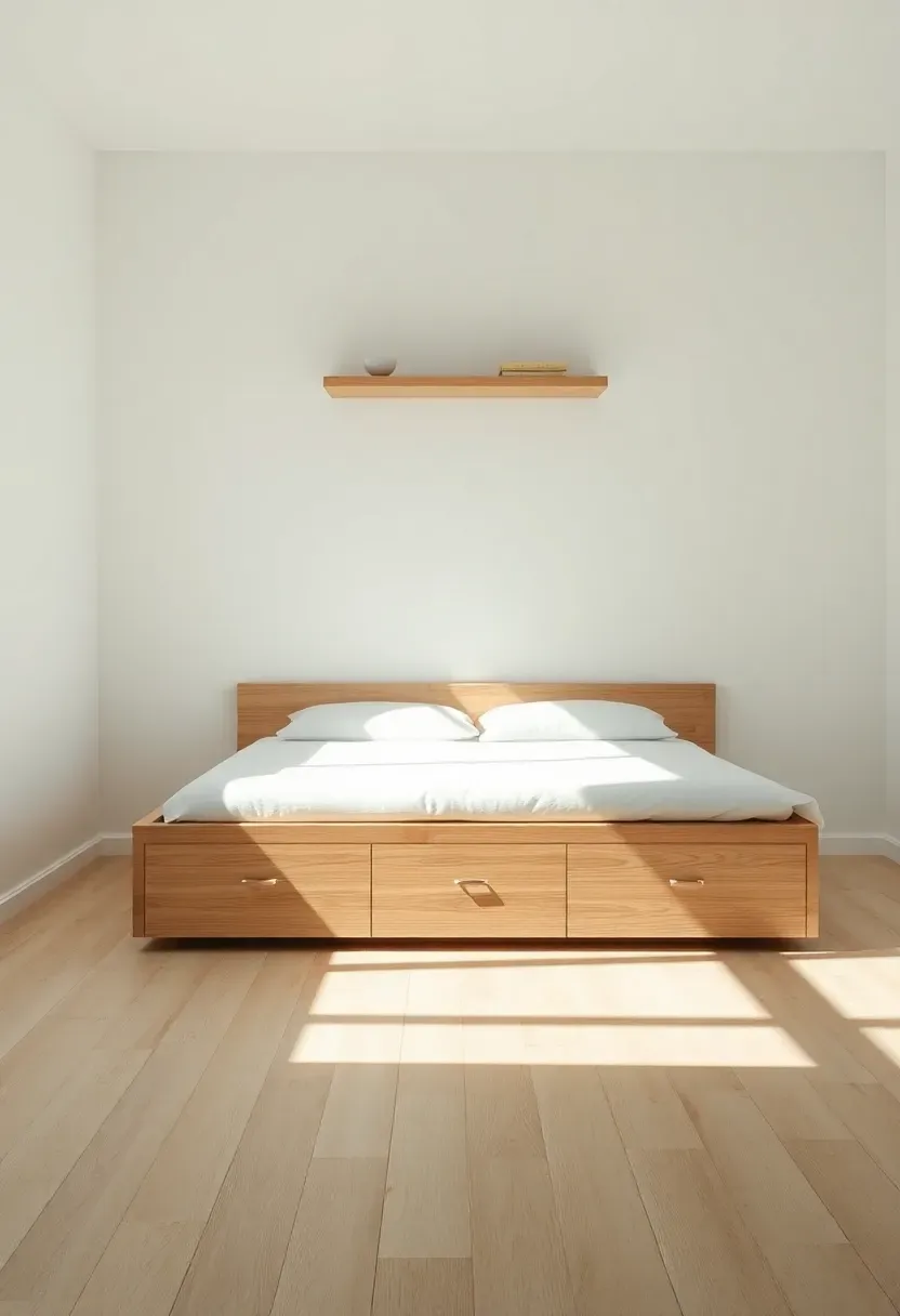 minimalist adult bedroom with a low oak platform bed with built-in drawers clean white walls and a single floating shelf above