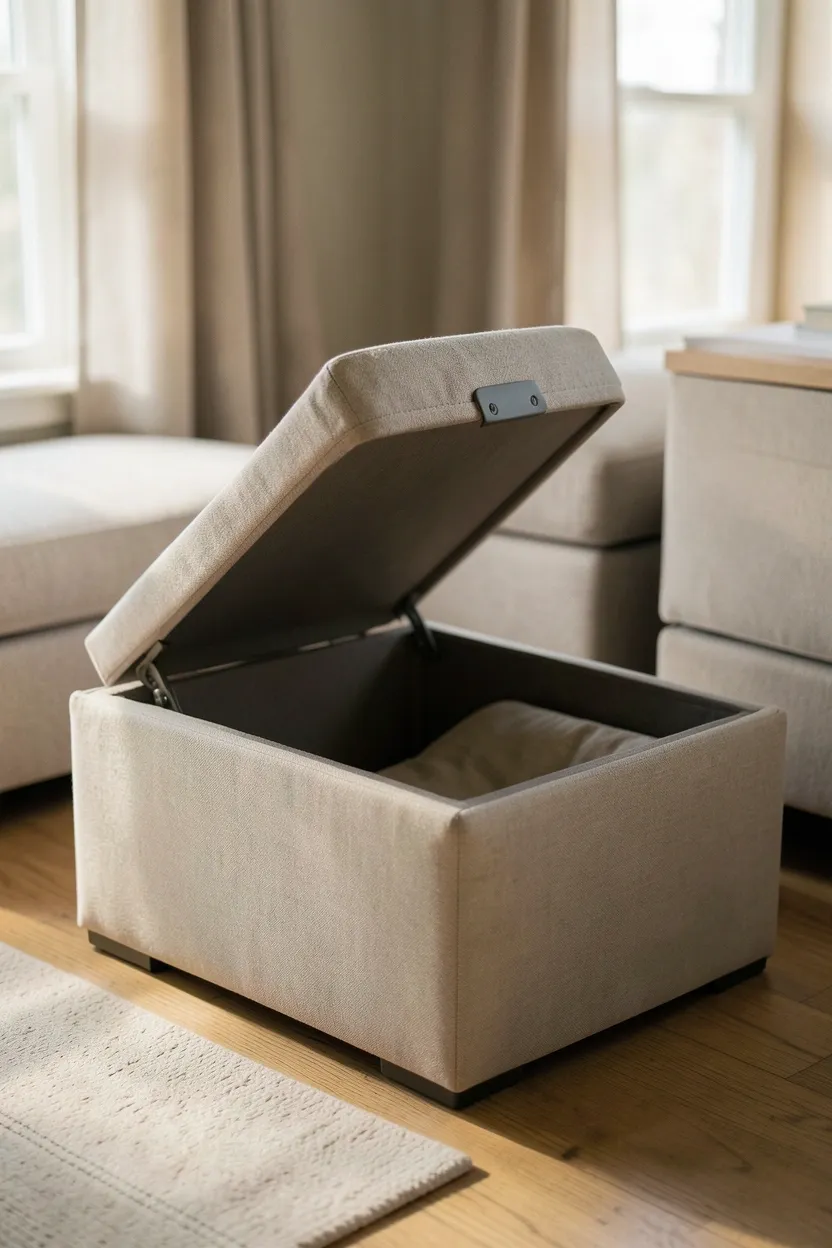 Square neutral fabric ottoman with a hinged lid open for storage beside a slender floor lamp in a small apartment bedroom — convertible reading nook idea