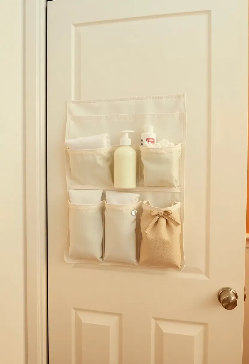 over-door organizer on nursery door holding baby supplies in a small boy room with minimal floor clutter