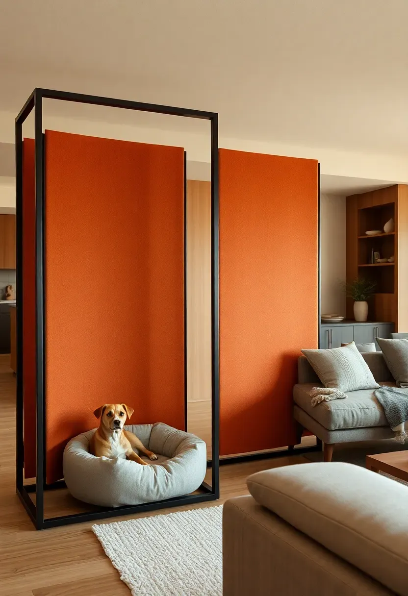 Open-plan living area with freestanding acoustic terracotta and oat felt panel room divider defining a cozy pet zone with linen pet bed and toys on one side