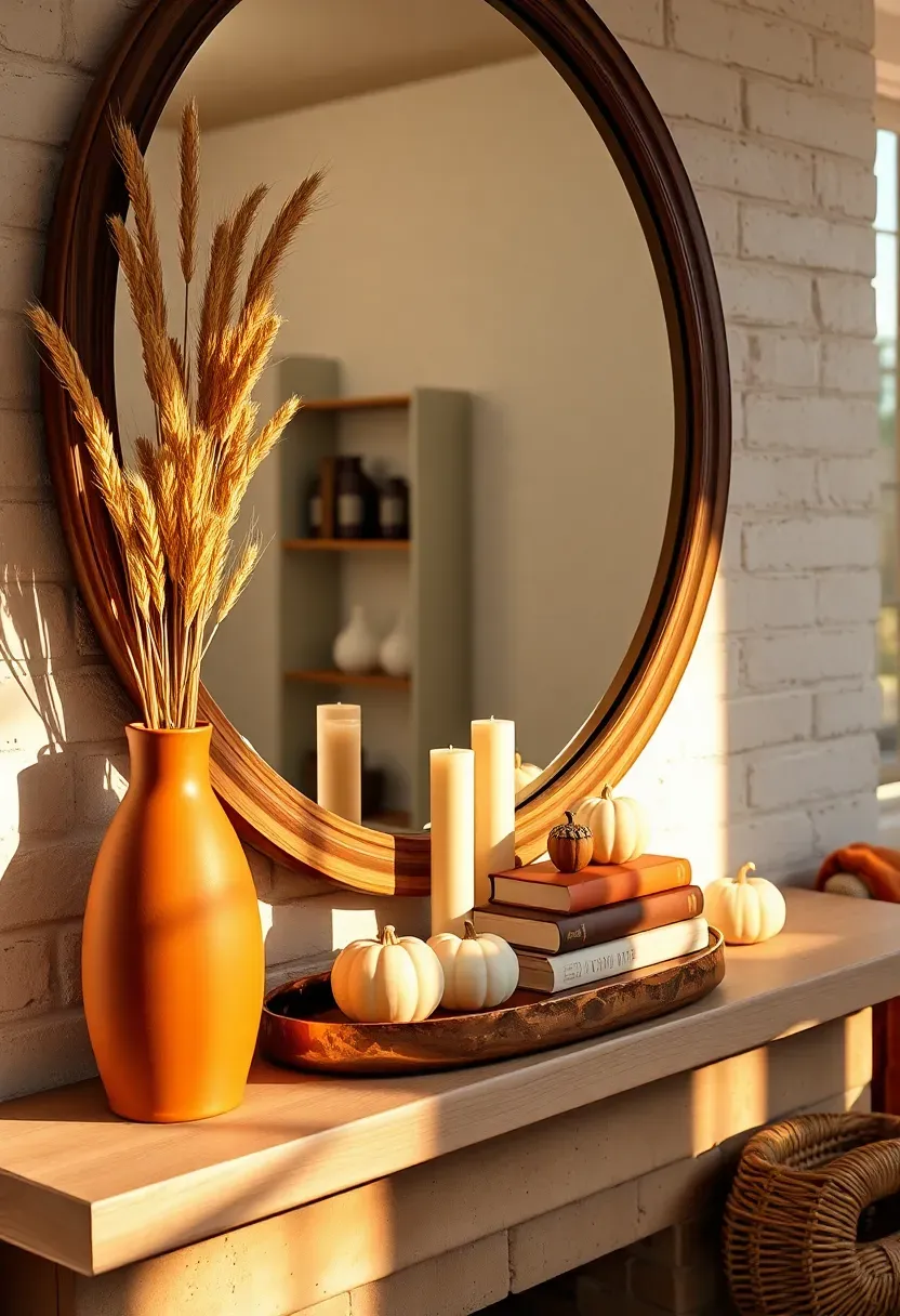 Finished mantle styled for autumn — a leaning round mirror, tall vase with dried wheat, three candles on a copper tray, miniature pumpkins, a stack of books, and a woven basket — warm afternoon light