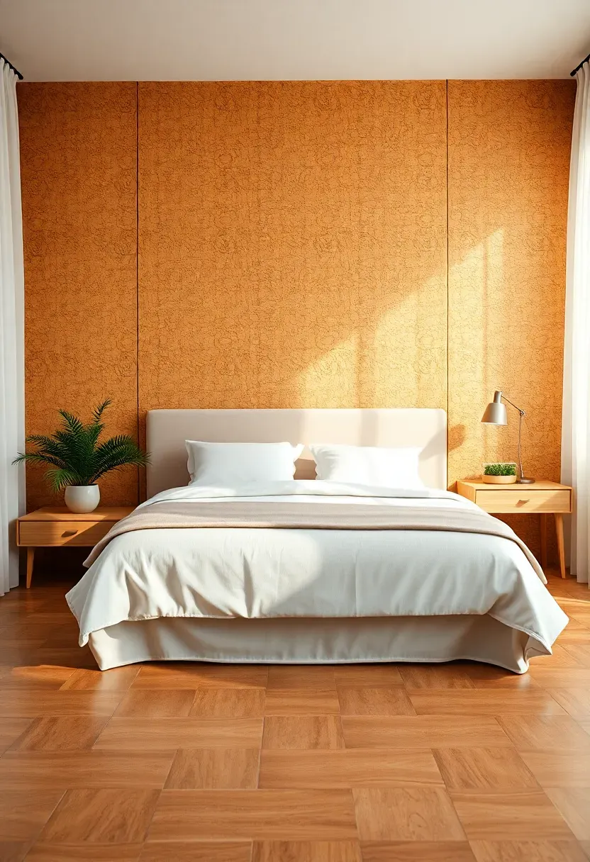 bedroom with cork wall panel behind the headboard and sustainable cork flooring in warm honey tones