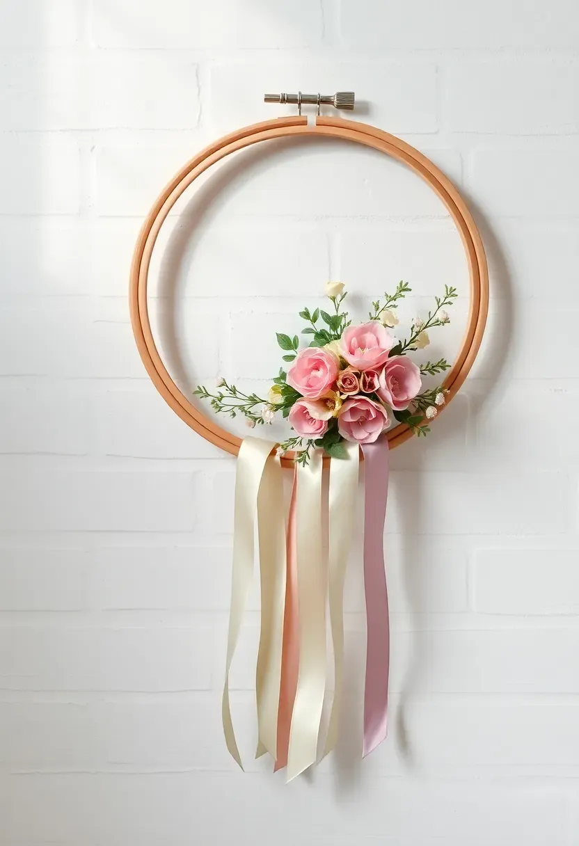 embroidery hoop Easter wreath with floral arrangement and trailing ribbons in a minimalist style