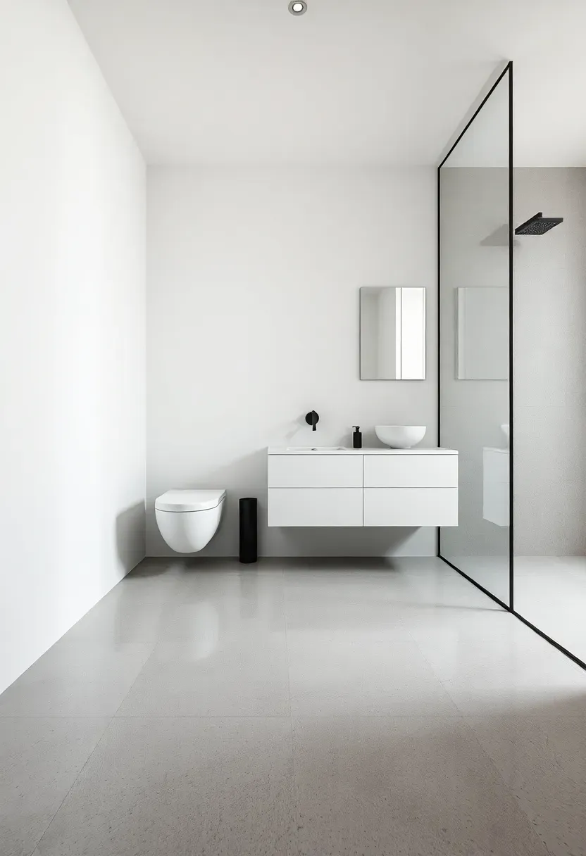 Polished concrete overlay floor in pale gray with subtle aggregate visible in a modern minimalist bathroom