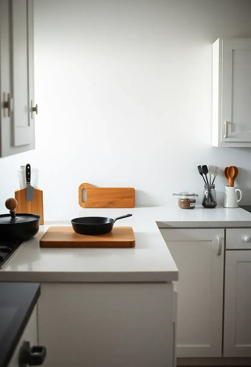Hyper-realistic view of extreme minimalist kitchen. Countertops nearly empty showing only absolute essentials: one good chef's knife, cutting board, one cast iron skillet, one pot, simple utensil holder with 3-4 tools. Empty walls without decorative items or excessive small appliances. Minimal dishes visible—maybe 2 of each item per person. Clean white cabinets, no clutter on surfaces. Abundant empty counter space visible. Kitchen essentials mood showing how little is actually needed to cook excellent meals when tools are chosen carefully.</p>