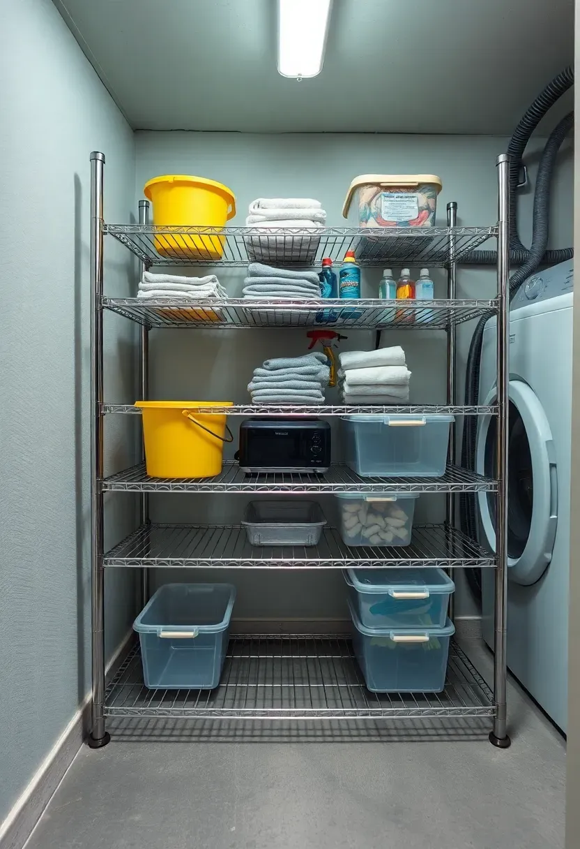 Chrome wire rack shelving system in a basement utility area with cleaning supplies, bins, and small appliances neatly organized on five tiers