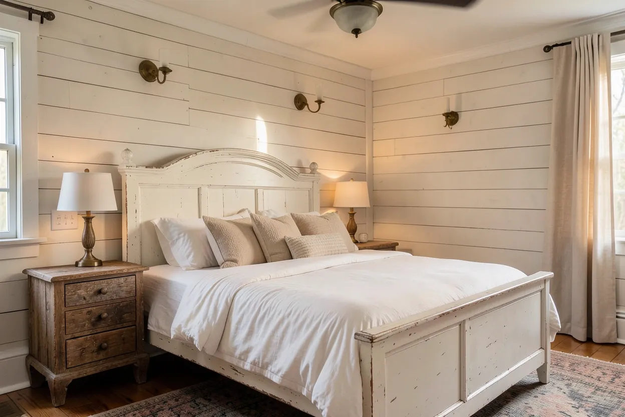 Vintage farmhouse bedroom with distressed white bed frame, shiplap accent wall, linen bedding, and warm wood nightstands for cozy rustic charm
