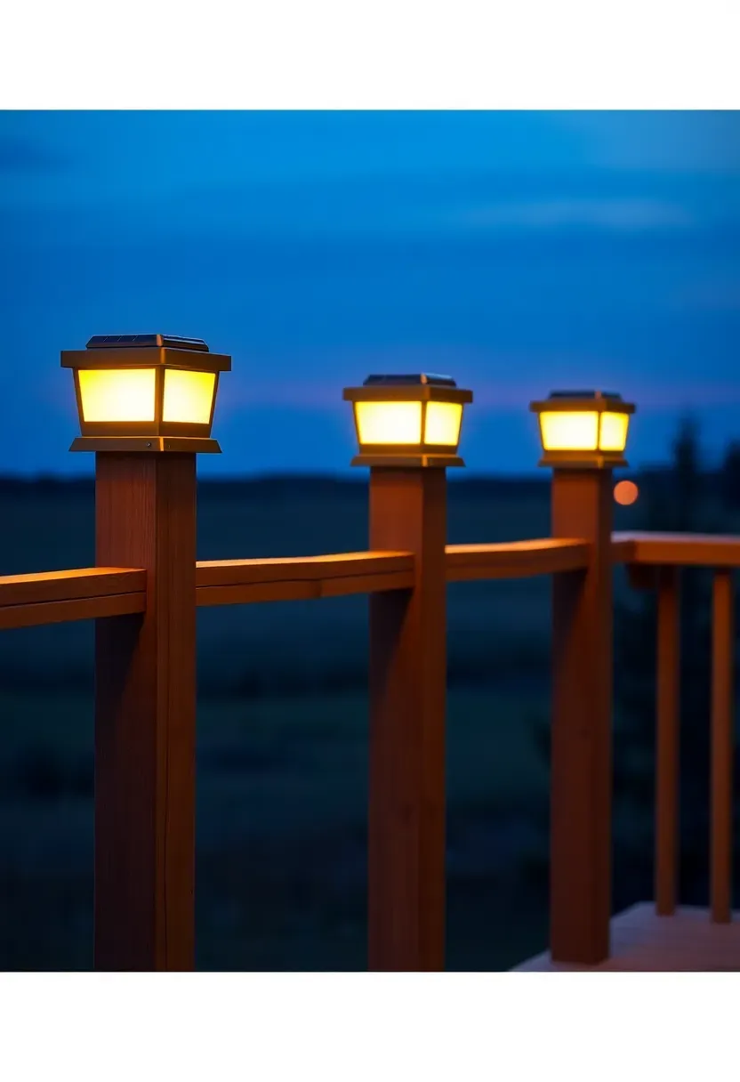 Solar-powered LED post cap lights glowing warm white on top of deck railing posts at twilight, illuminating a wooden deck with soft ambient light