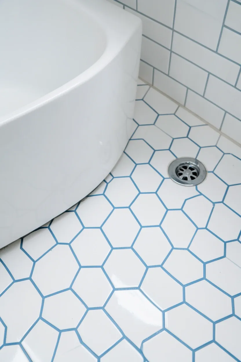 White Hexagon Tiles with Blue Grout