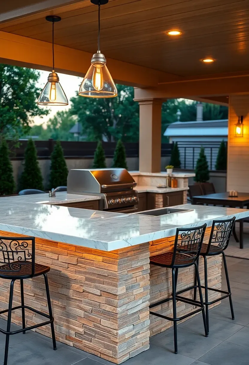 Hyper-realistic 3/4 view of an outdoor kitchen with a raised bar section featuring quartz countertop overhanging four contemporary barstools, main prep counter at standard height behind with grill and sink, stone veneer base, and pendant lights above the bar. Materials: quartz countertop, stone veneer, metal barstools, stainless steel appliances. Warm evening lighting with pendants glowing, neutral palette with warm accents. Social interactive mood, shallow depth of field with sharp focus on bar edge and stool details, patio dining area beyond. No text, no logos, no watermarks.</p>