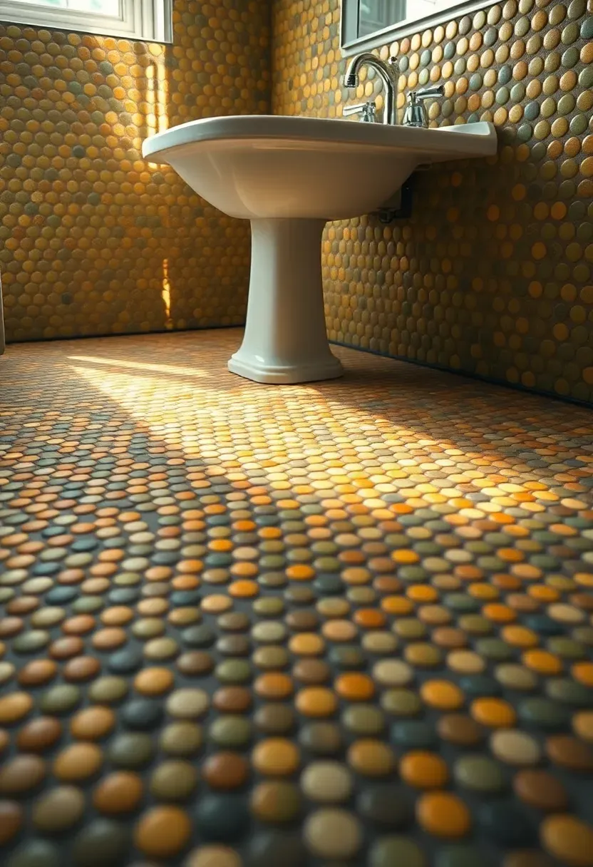 Colorful penny round mosaic tiles in mixed olive green and mustard yellow on a bathroom floor with white pedestal sink