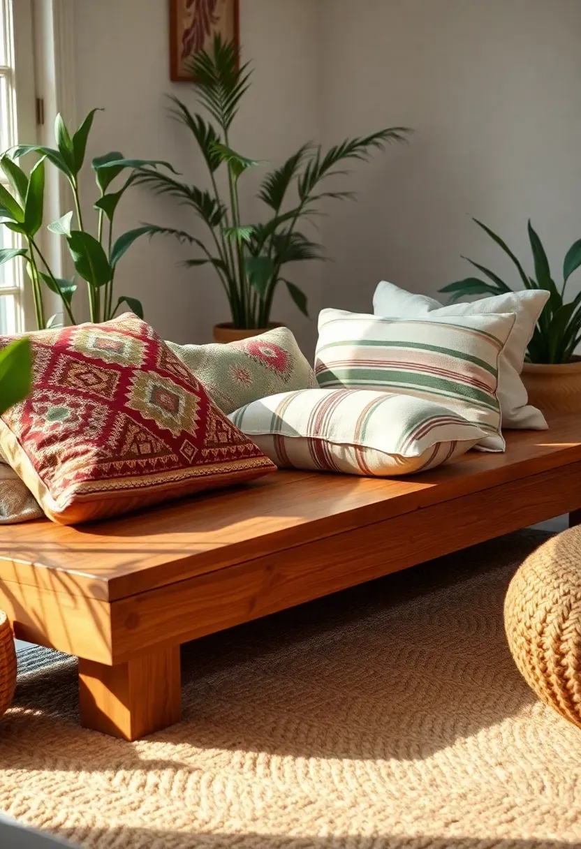 Hyper-realistic 3/4 view of an earthy boho living room featuring low wooden seating—showing a wide teak wood bench platform only 10 inches high, piled with multiple floor cushions in varied patterns including geometric mudcloth, striped kantha, and solid linen in earthy tones of rust, sage, and cream. Jute rug underneath, plants nearby. Materials: natural teak wood with visible grain, mudcloth textile with geometric patterns, kantha quilted cotton with stitched stripes, linen pillows, chunky jute rug, potted plants. Natural daylight showing casual arranged-in-moment styling rather than perfect placement. Relaxed lounging atmosphere with low seating emphasis. Shallow depth of field showing seating foreground with plants and room context beyond. No text, no logos, no watermarks.</p>