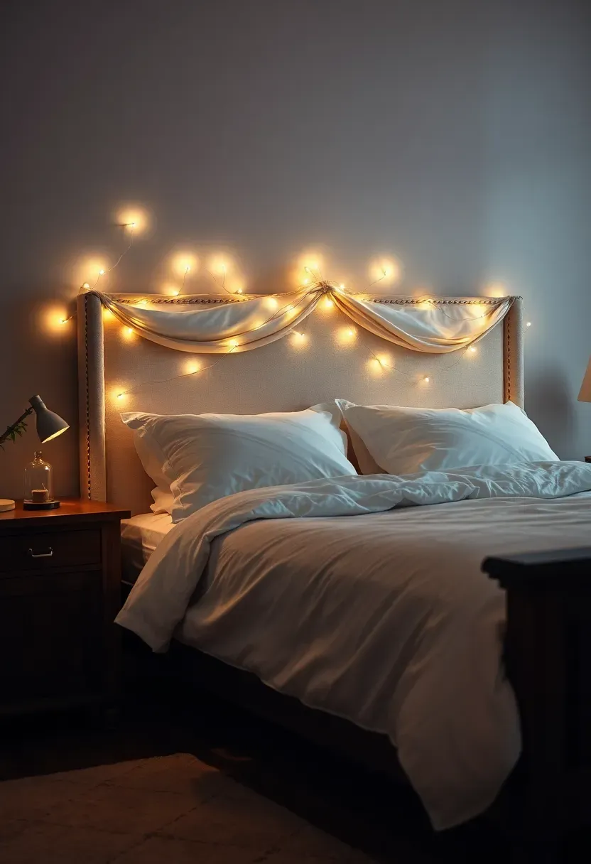 Hyper-realistic 3/4 view of cozy bedroom with warm white micro LED string lights draped across upholstered headboard in graceful swags. Tiny fairy lights creating soft warm glow against cream fabric headboard. White linen bedding, dark wood bed frame. Nightstands with lamps off, room illuminated by string light warmth. Materials: micro LED lights on thin silver wire, linen bedding, upholstered headboard. Ambient warm lighting, fairy lights creating gentle glow. Magical Christmas bedroom atmosphere. Shallow depth of field, soft focus on lights. No text, no logos, no watermarks.</p>