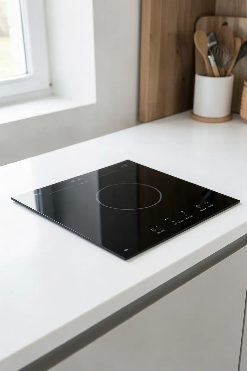 Sleek black induction cooktop flush with white quartz countertop in a minimalist Scandinavian kitchen