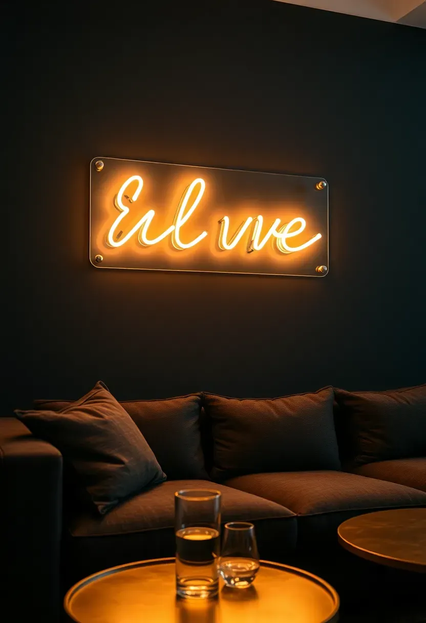 custom neon sign with a warm cursive quote glowing on a dark living room wall