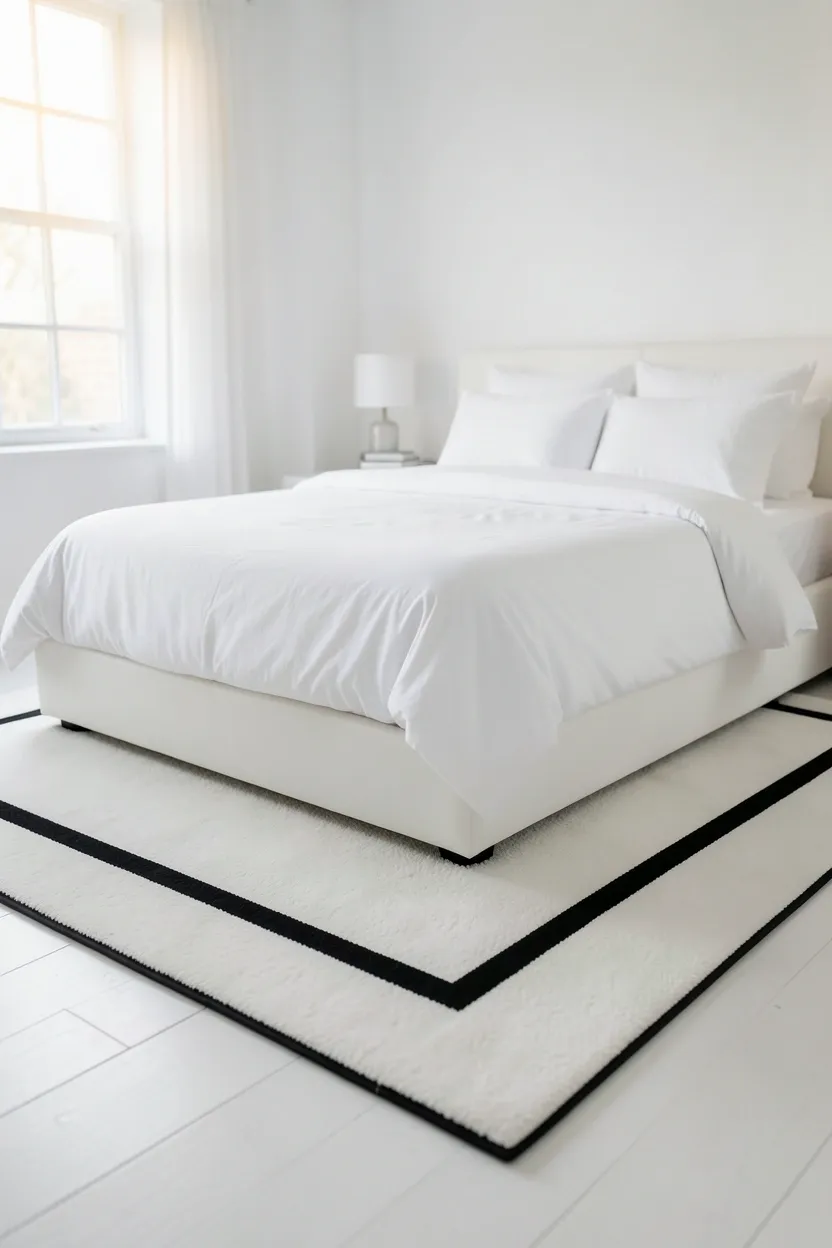 White area rug with a classic black border anchoring a bed on hardwood floors in a bright monochrome bedroom