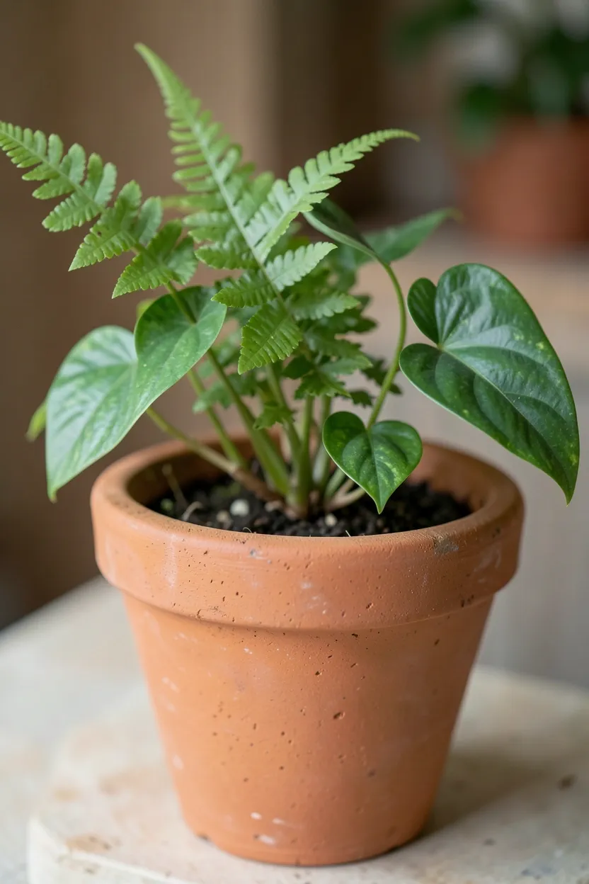 Lush green fern in an unglazed terracotta pot on a reclaimed wood shelf in a natural wabi-sabi bathroom