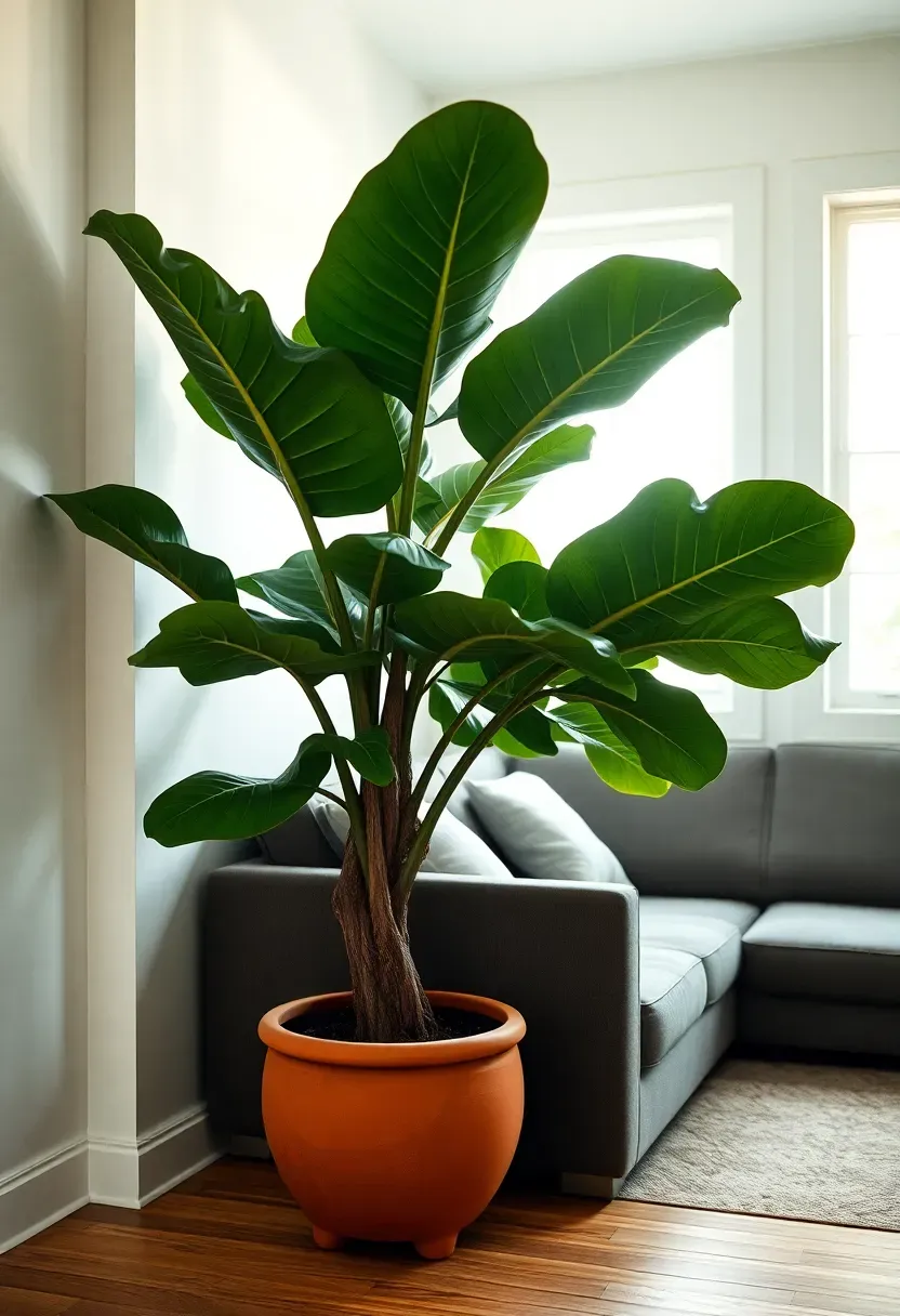 Hyper-realistic 3/4 view of living room featuring one large indoor plant as sculptural element. Materials: six-foot fiddle leaf fig with strong trunk and large glossy leaves in simple terracotta pot, gray sofa, white walls, oak floor. Plant positioned prominently in corner as living sculpture. Soft natural light from window filtering through leaves creating shadows. Organic form contrast against geometric furniture.</p>