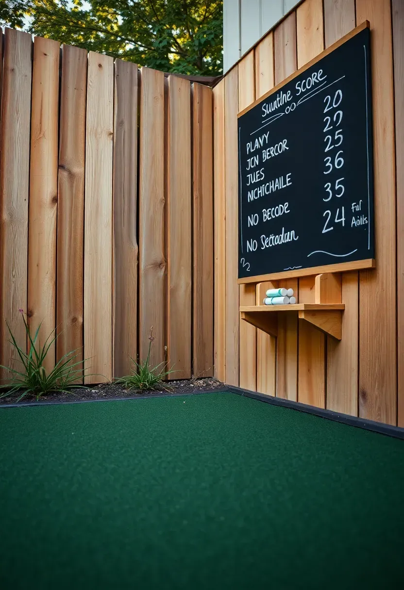 Backyard putting green next to a wooden wall-mounted chalkboard scoreboard with player names and scores written in chalk