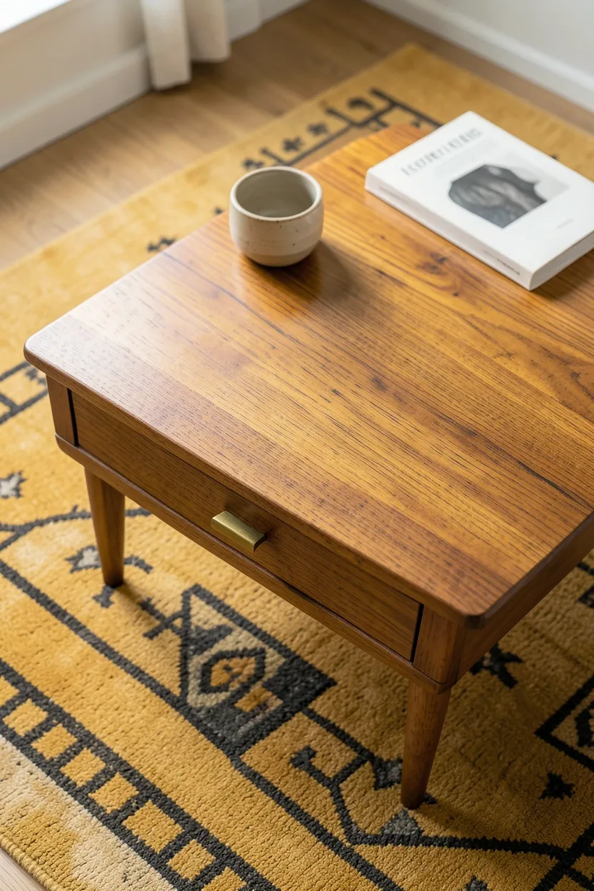 Low-profile vintage teak coffee table with tapered legs and lower shelf storage in a cozy Scandinavian living room