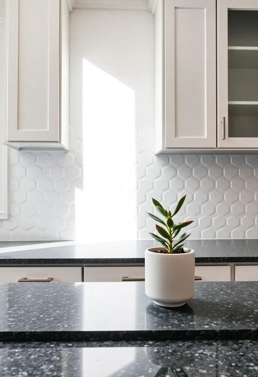 white arabesque lantern tile backsplash with white cabinets and dark speckled granite countertop in a bright kitchen