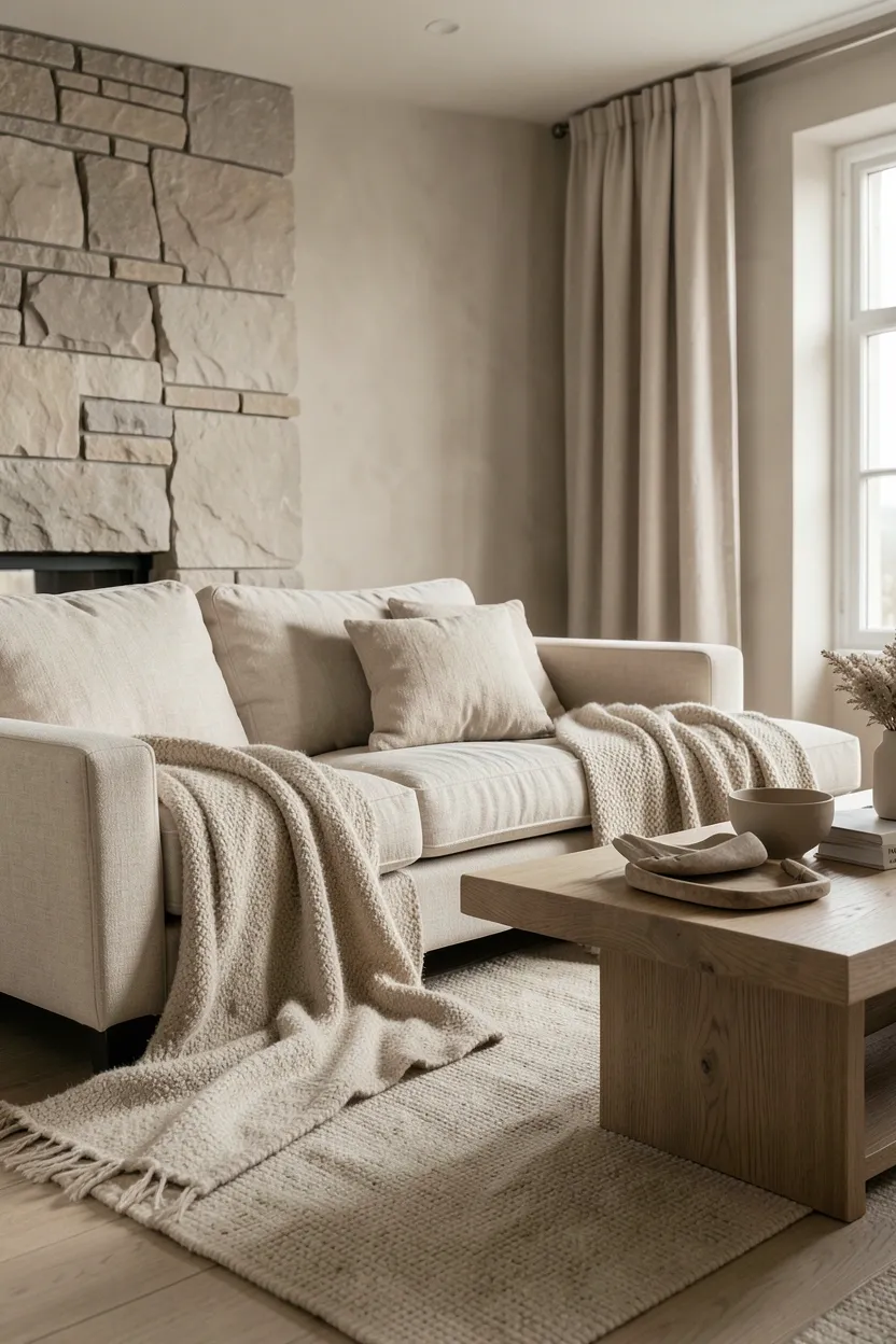 Monochromatic beige Scandinavian living room with cream linen sofa, warm sand wool rug, and taupe textured throws layered for cozy depth