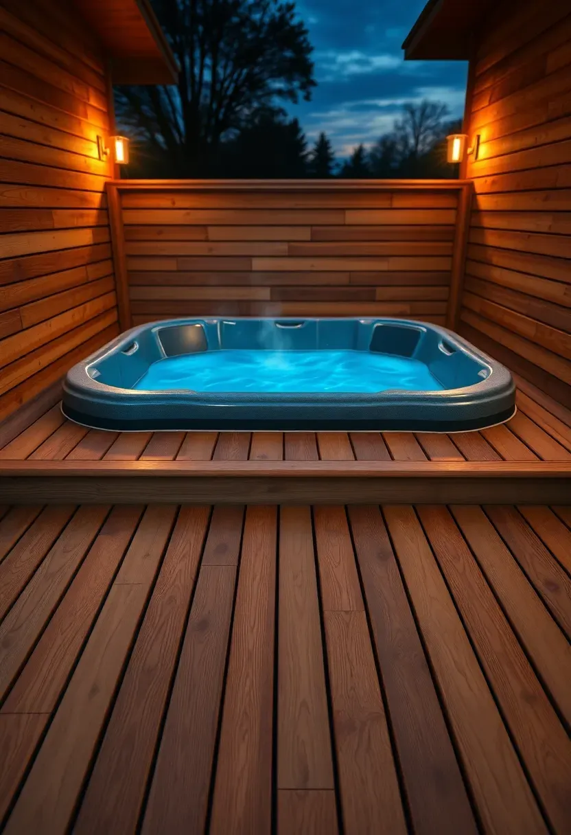 Cedar deck platform with built-in hot tub surrounded by privacy screening and landscape lighting at dusk
