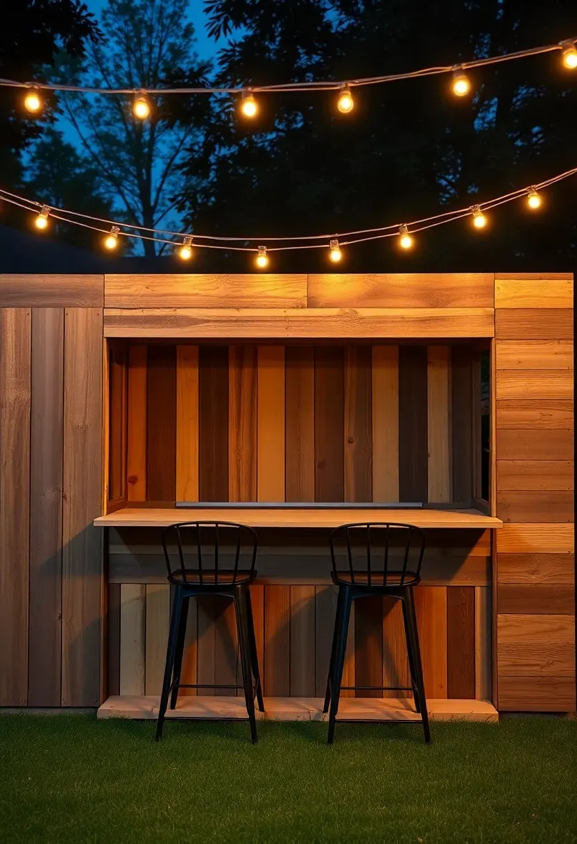 Budget outdoor bar kitchen built from reclaimed pallet wood with a plywood countertop and string light canopy