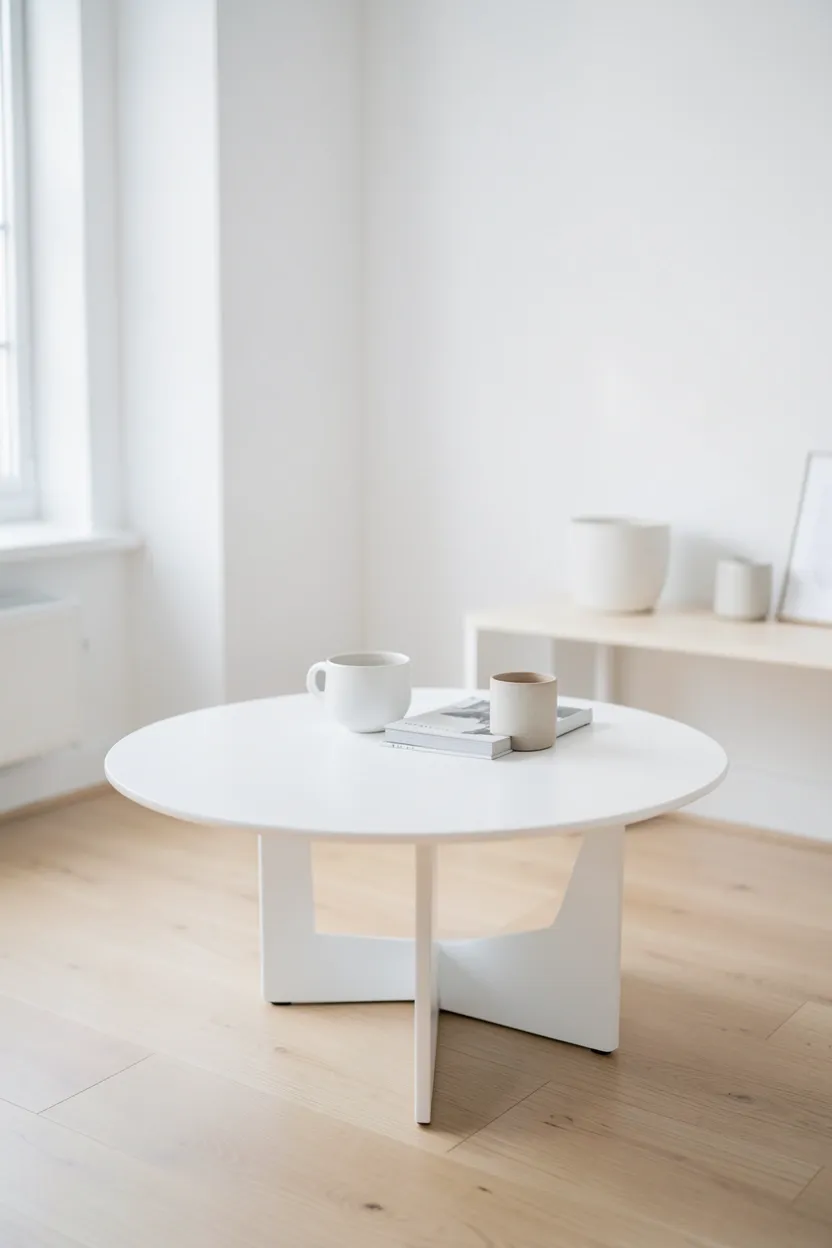 Round light oak coffee table with a single ceramic vase on a neutral area rug in a minimalist apartment living room
