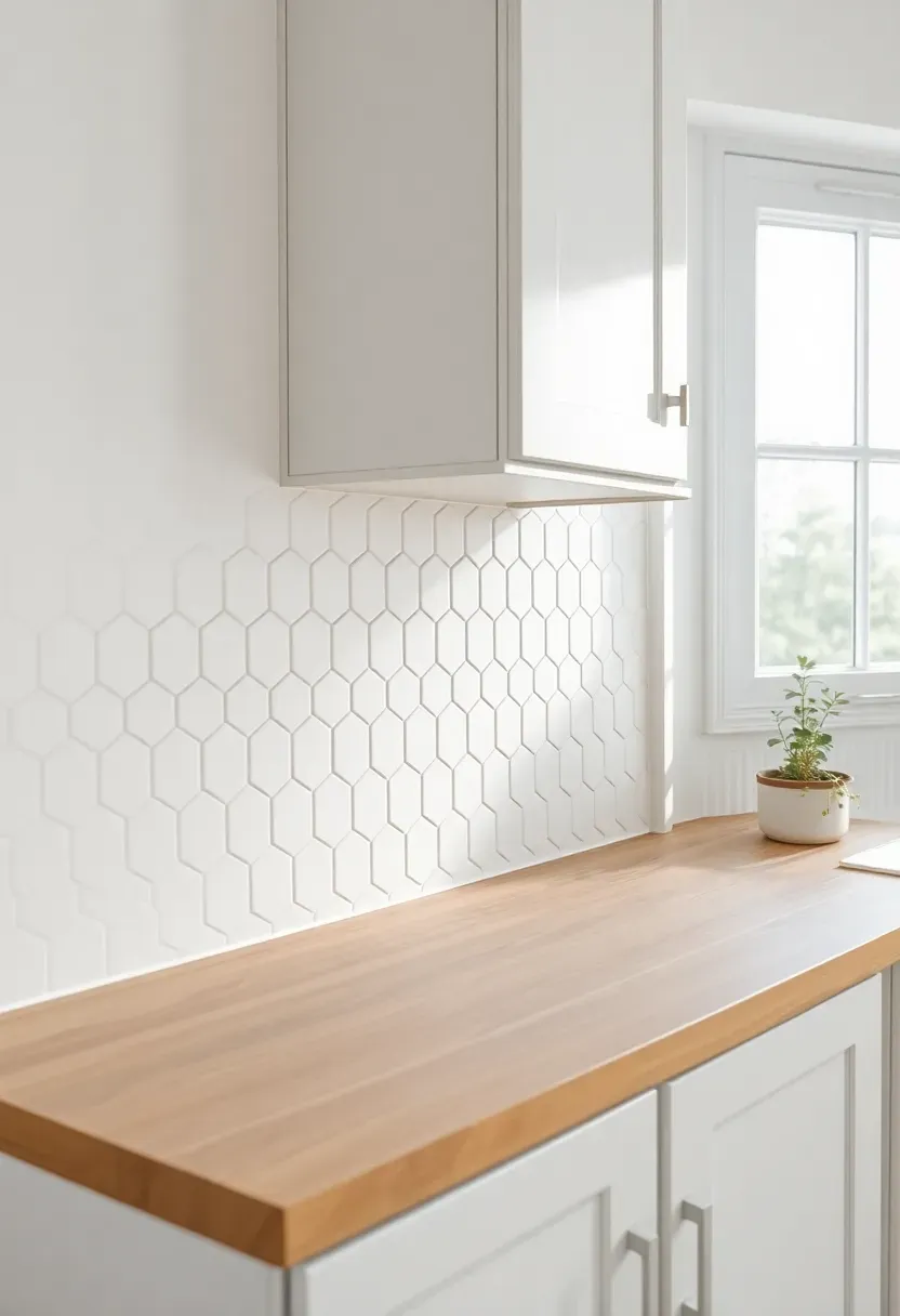 white quarter-round ceramic trim piece finishing the edge of a hexagonal tile backsplash in bright Scandinavian kitchen