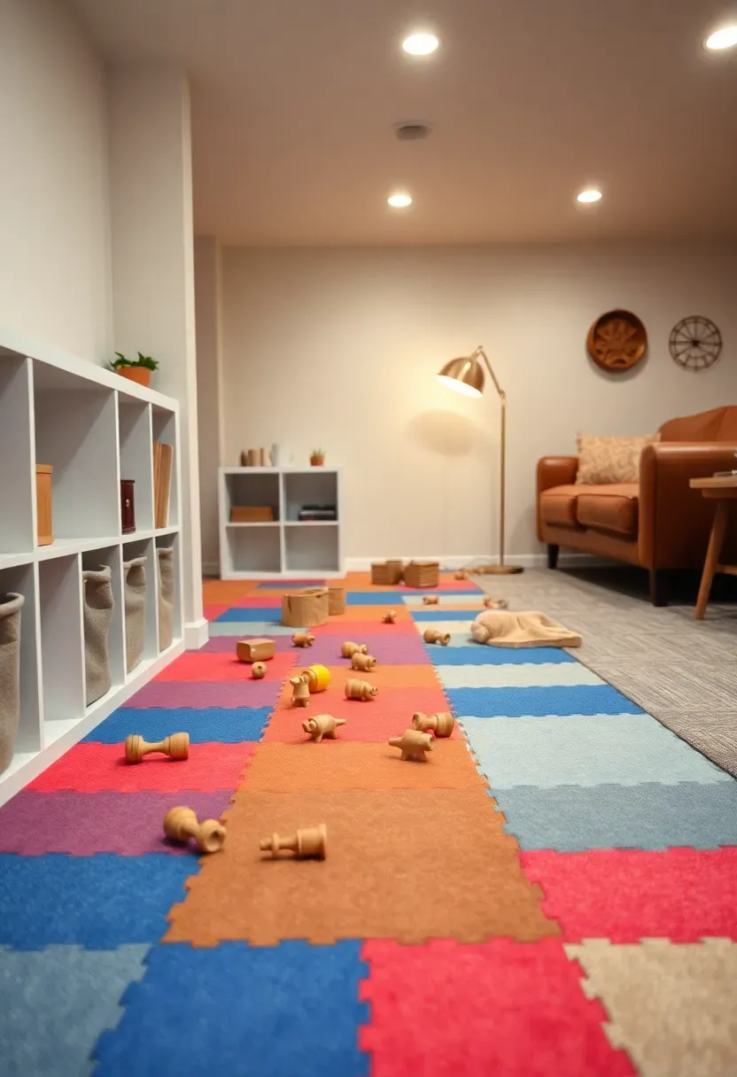 Basement layout with a colorful kids play area in one corner featuring foam mats and toy bins and an adult lounge with leather sofa and reading lamp in the opposite corner