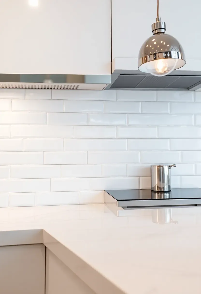 polished chrome flat bar metal edge trim on glossy white tile backsplash with chrome faucet and pendant lights in modern kitchen