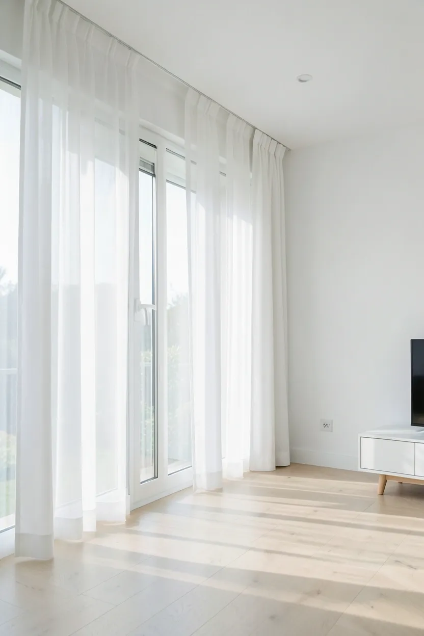 Floor-to-ceiling windows with white sheer linen curtains flooding a minimal Nordic living room with natural daylight