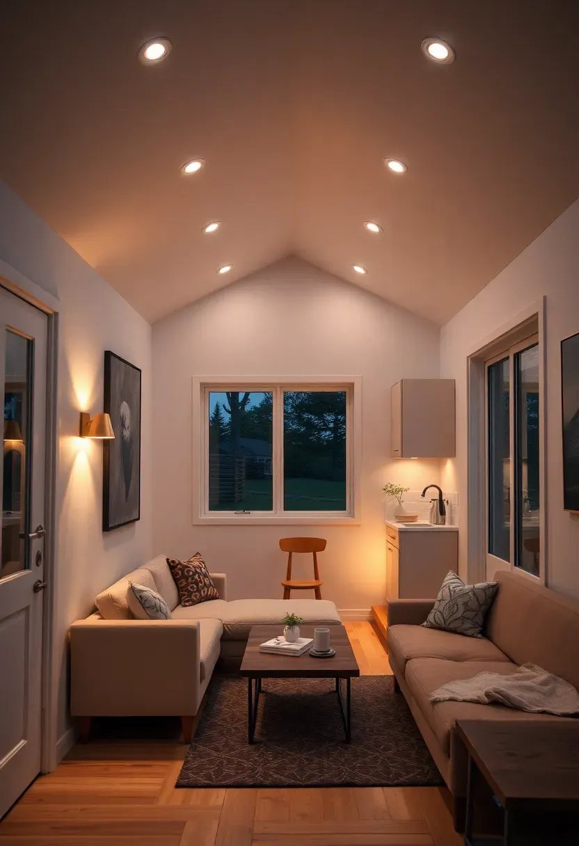 Hyper-realistic 3/4 view of tiny house at dusk showing layered lighting, recessed ceiling lights providing ambient glow, wall sconces at seating level, under-cabinet LED strips in kitchen, absence of table lamps, warm layered illumination, white walls, light oak floor, minimal furniture. Materials: white recessed lights, brass wall sconces, LED under-cabinet strips, white walls, light oak floor. Warm layered light, soft shadows, lighting layer emphasized without clutter.</p>