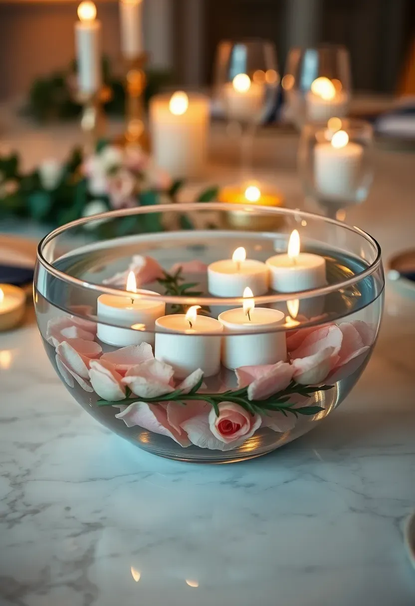 glass bowl with floating candles rose petals and submerged greenery on a baby shower table with soft ambient lighting