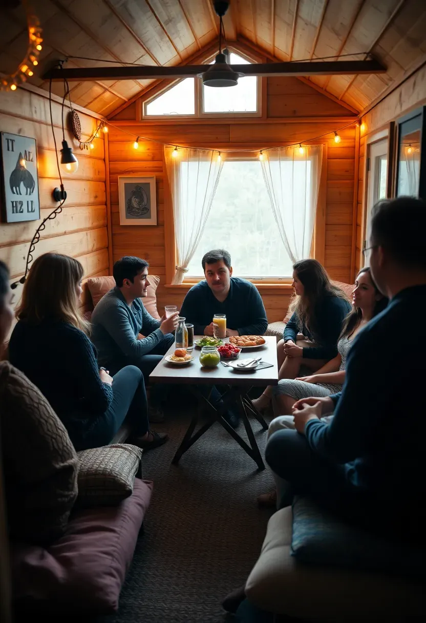 Hyper-realistic 3/4 view of a tiny house interior during a small gathering, showing people seated closely with limited space, food on a compact table, illustrating entertaining constraints. Materials: small dining table, cushions, food and drinks. Warm interior lighting showing social activity in confined space. Entertaining challenge mood with visible space limitations during social gathering. Shallow depth of field, sharp social details, realistic constraint composition. No text, no logos, no watermarks.</p>