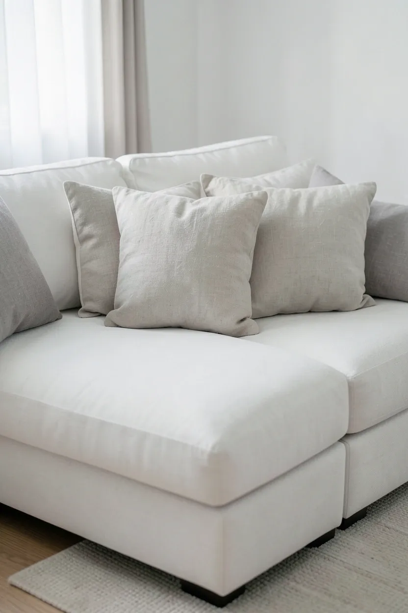 Minimalist light gray sectional sofa with neutral linen and wool throw pillows in a clean Scandinavian living room