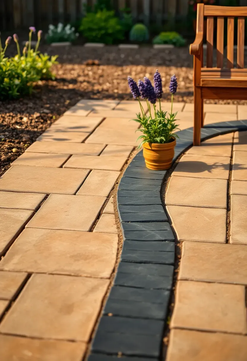 Backyard paver patio with a contrasting dark border of charcoal bricks framing lighter tan field pavers