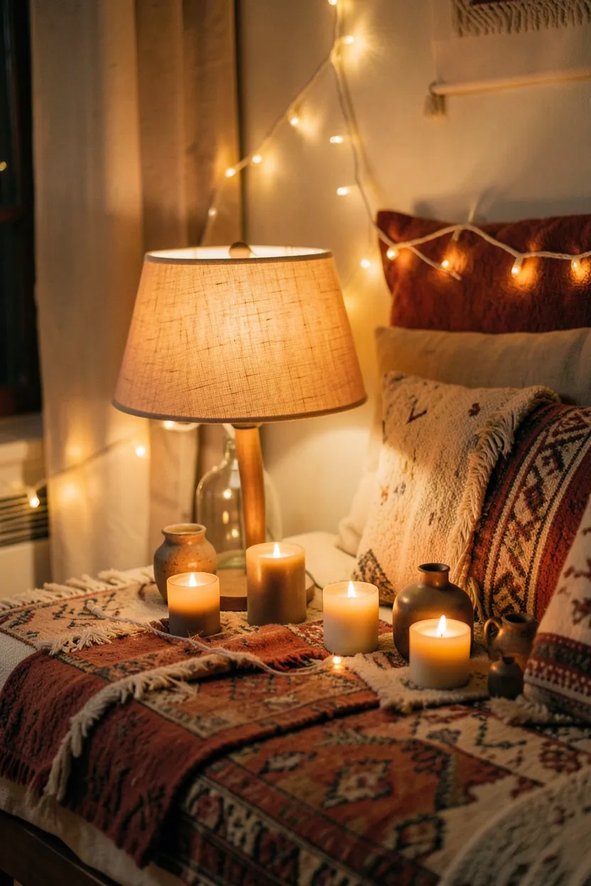 Warm bohemian lighting in a cozy rental room: fabric-shaded table lamp, casually draped string lights, and candles in varied vessels layered over earthy terracotta and cream textiles creating an intimate atmospheric glow