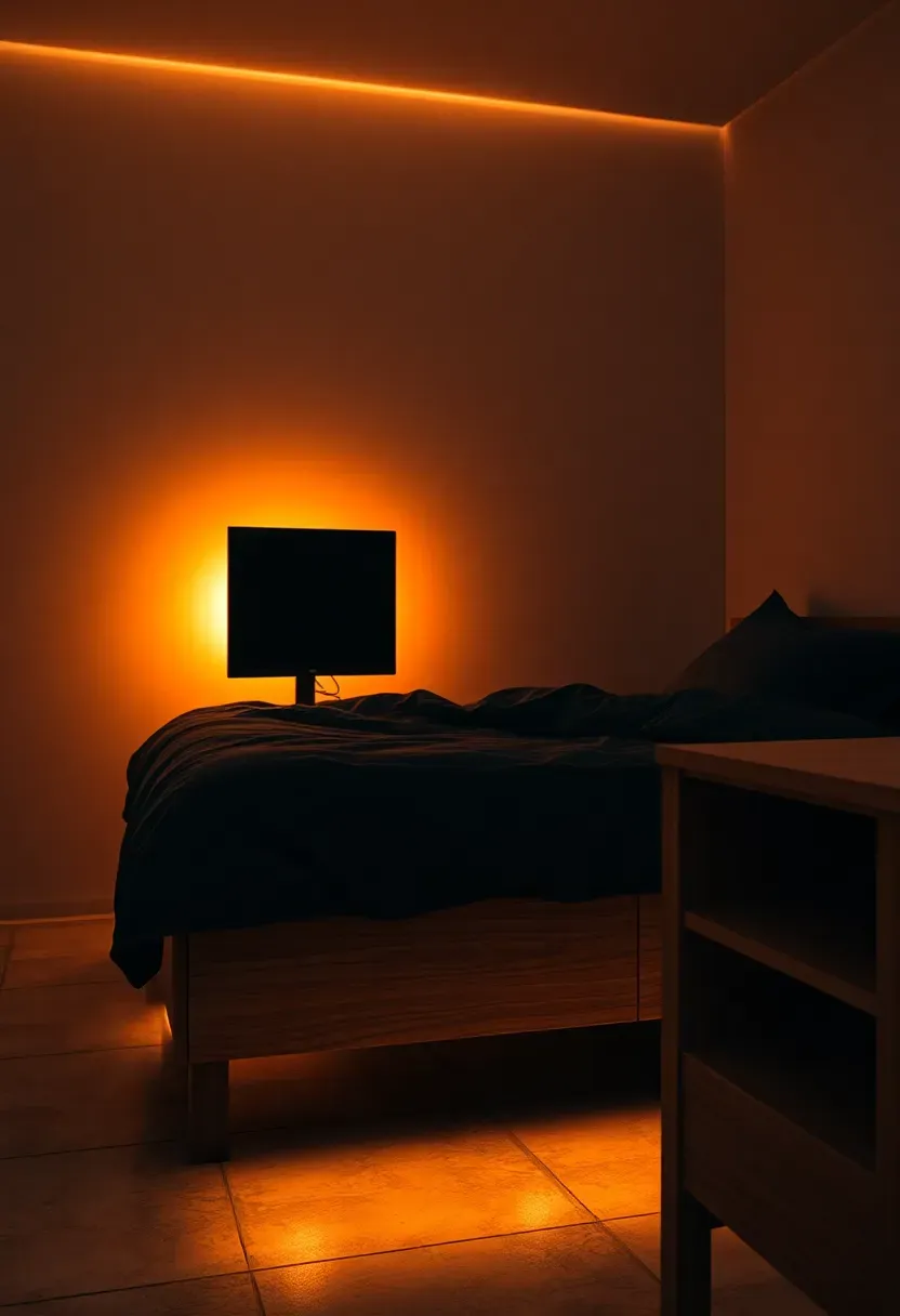 dorm room at night with warm LED strip lighting behind desk and under bed frame