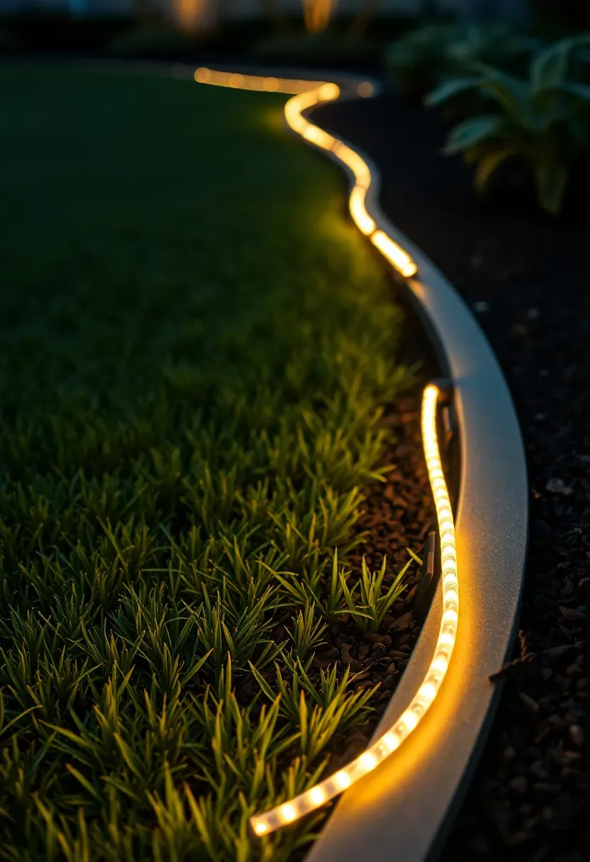 Warm white LED rope light outlining a curved garden bed border along a lawn edge in a backyard at night with mulch and small shrubs visible