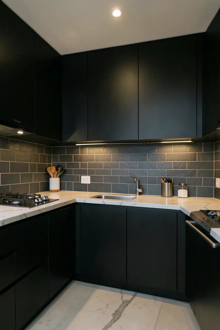 Hyper-realistic eye-level photograph of a modern kitchen with matte black cabinets, charcoal subway tile backsplash, white marble countertops. Soft overhead lighting with warm glow. Materials: matte black finish, charcoal ceramic tile, white marble. Textured mood. Shallow depth of field, sharp details on tile grout lines. No text, no logos, no watermarks.</p>