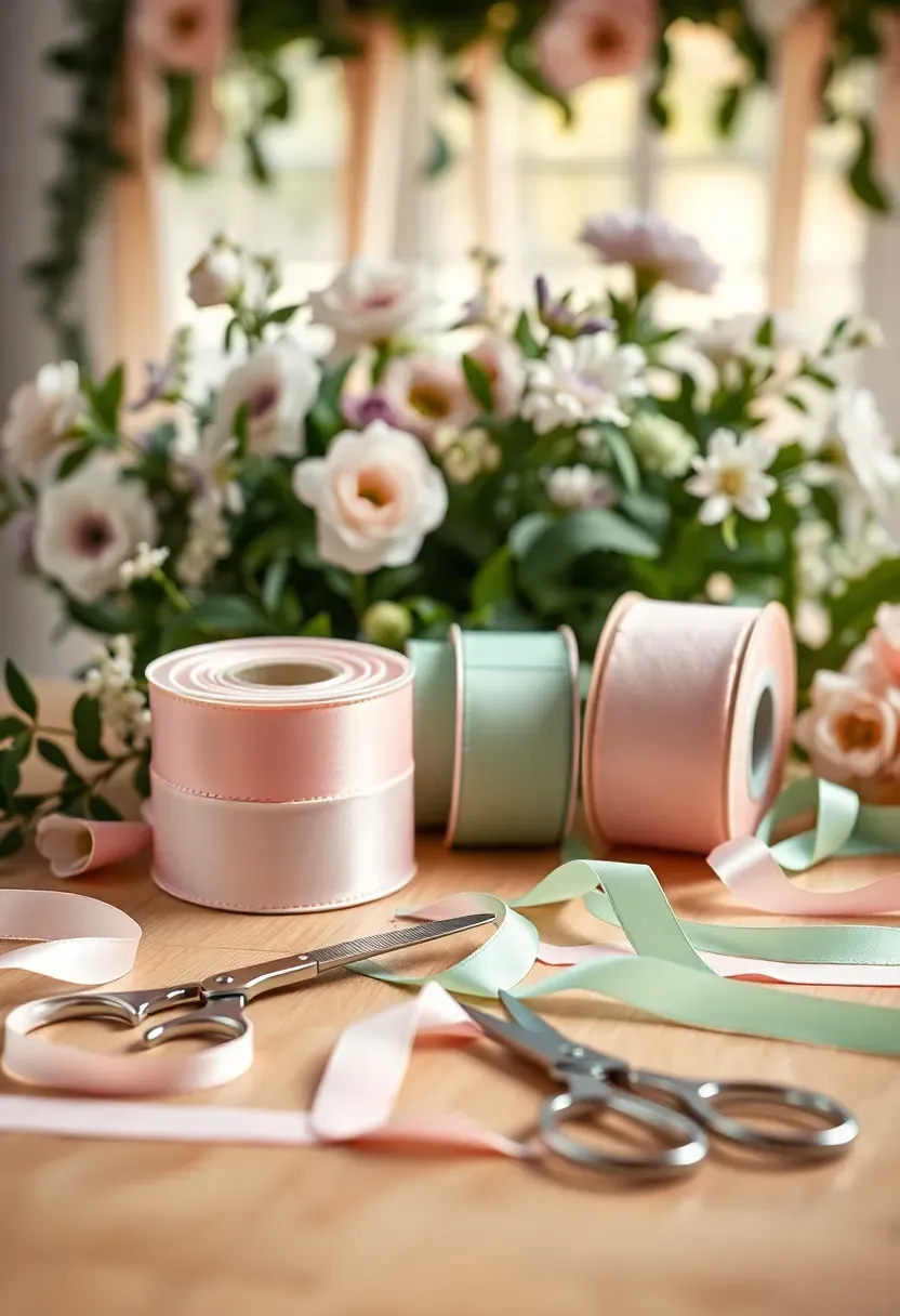 ribbon rolls and scissors on a table with guests cutting lengths to guess a pregnant belly size