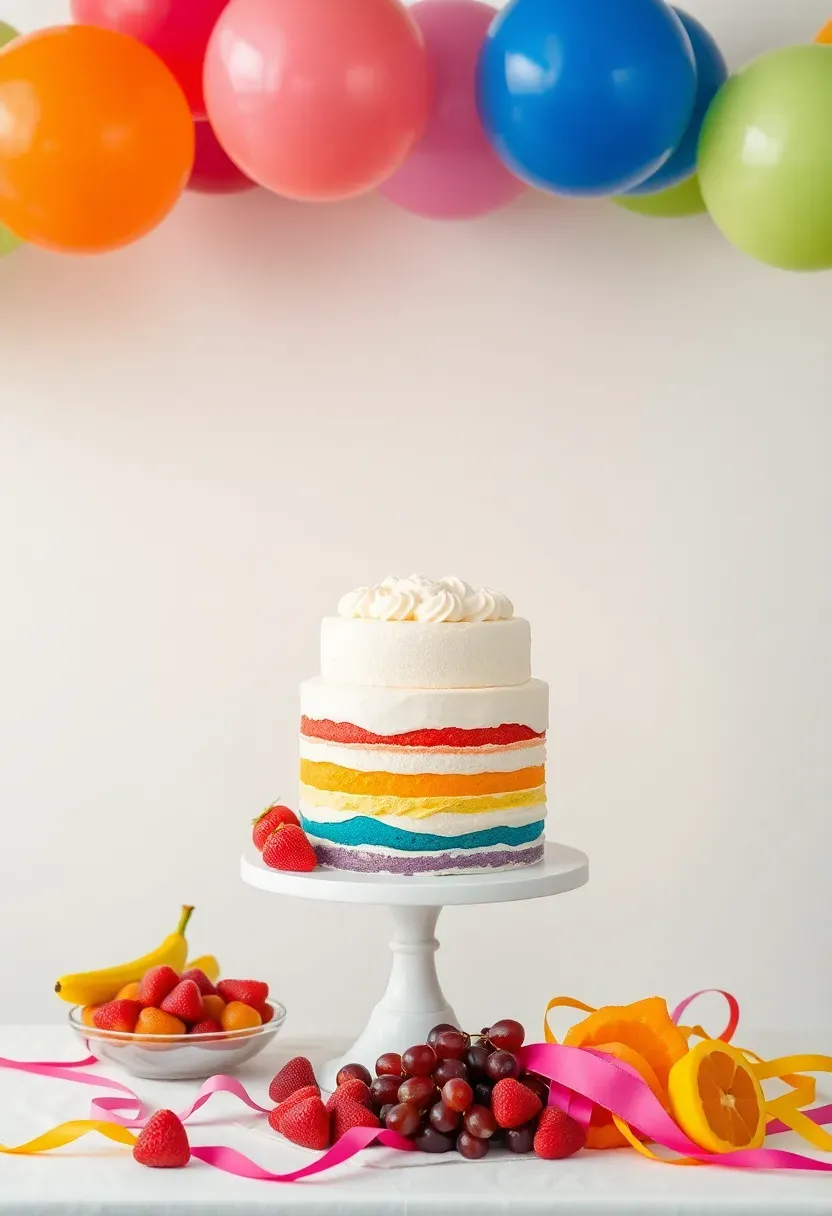 rainbow themed baby shower with colorful balloon garland rainbow cake layered fruit display and bright streamers against a white wall backdrop