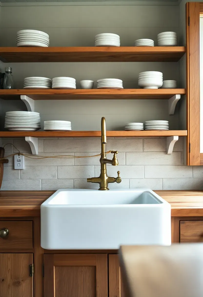 Hyper-realistic straight-on view of farmhouse sink in rustic tiny house kitchen. White porcelain apron-front sink, aged brass faucet, butcher block counter, reclaimed wood cabinets below. Open shelves above display white dishes. Materials: white fireclast sink, brass hardware, oak butcher block, barn wood cabinets. Natural light from window, highlighting sink curves and brass warmth. Shallow depth of field showing faucet details and wood grain. Classic farmhouse kitchen mood.</p>