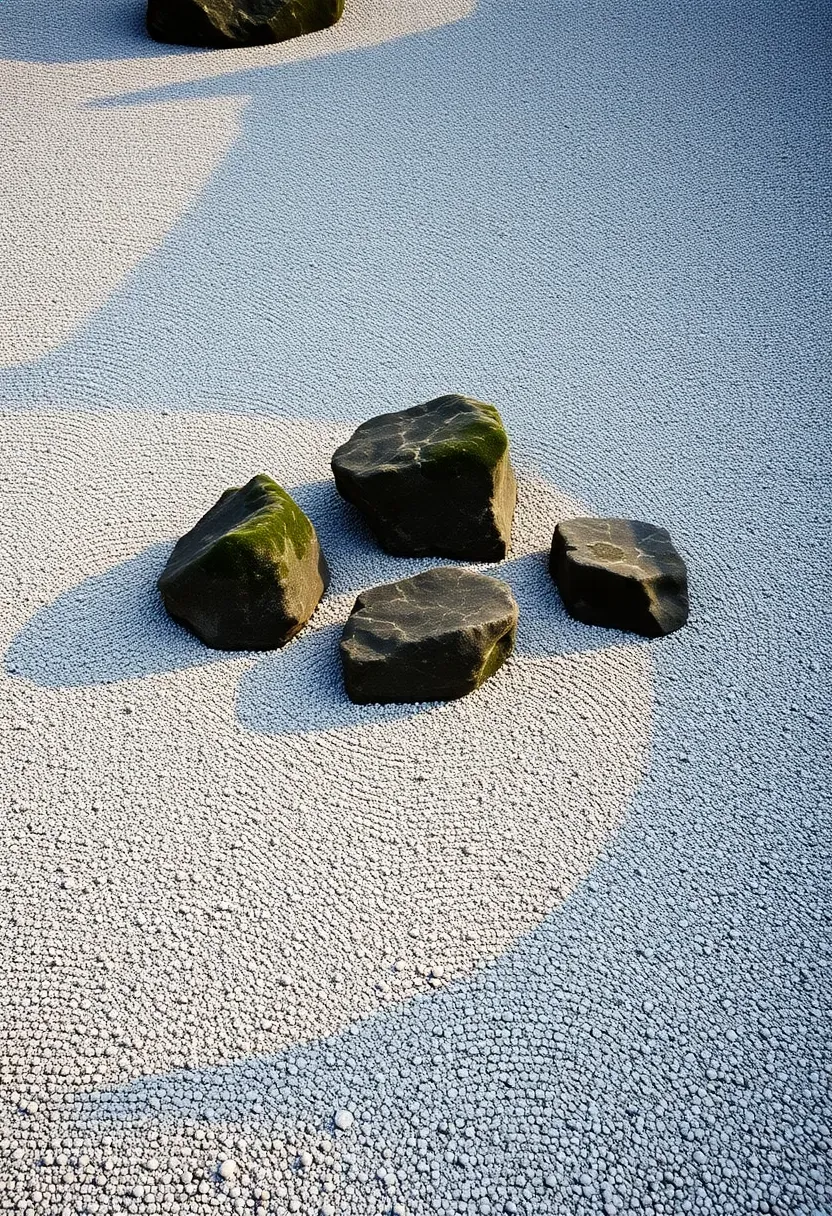 Classic karesansui dry rock garden with precisely raked white gravel forming wave patterns around three mossy granite boulders