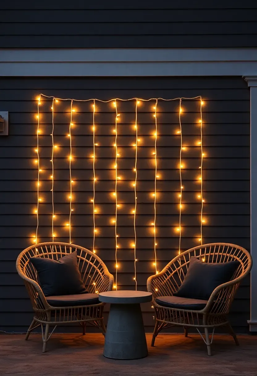 Vertical curtain-style string lights hanging from a horizontal beam against an exterior wall creating a glowing backdrop at night