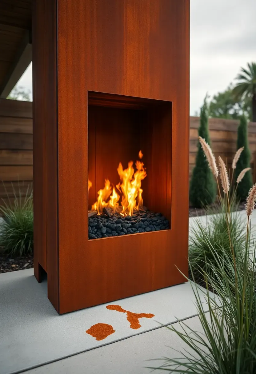 A tall rectangular Corten steel fireplace panel with a weathered rust patina and visible flames in a contemporary backyard