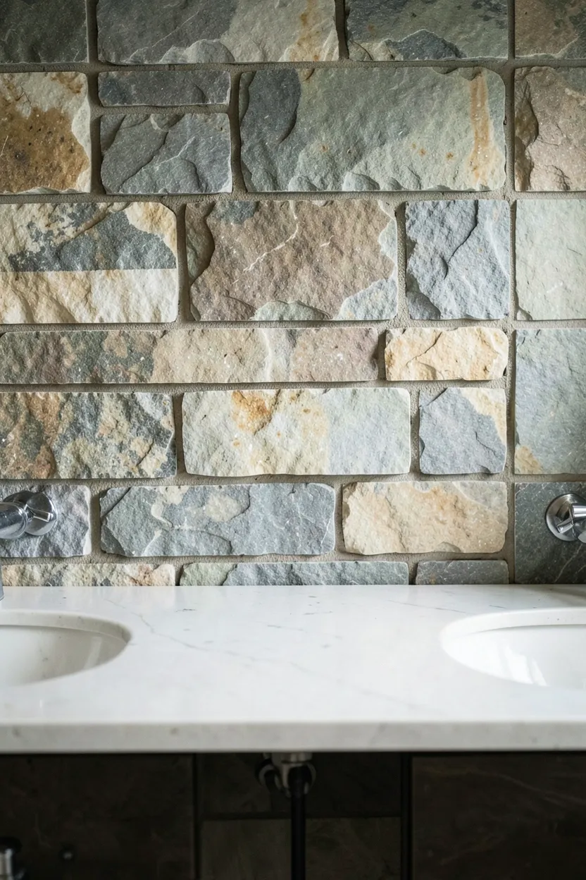 Exposed natural slate stone accent wall behind a freestanding bathtub with warm earthy tones in a wabi-sabi bathroom